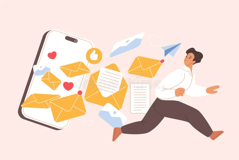 Illustration of a stressed office worker buried under a mountain of emails