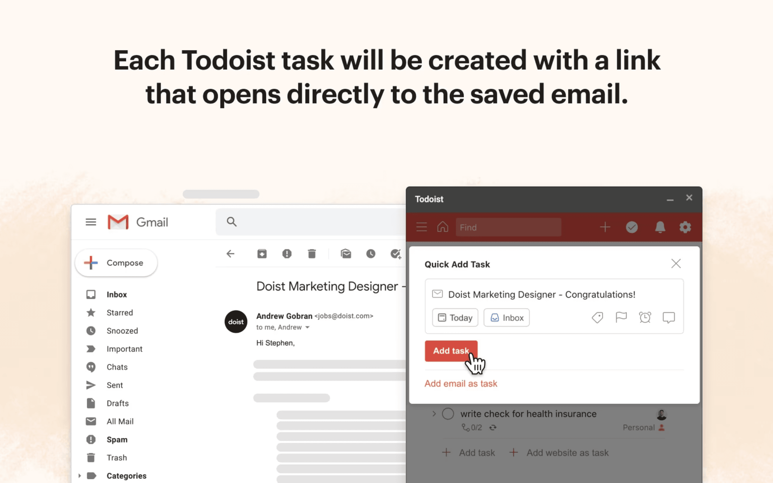 Todoist for Gmail integration panel showing how to convert an email into a task with due date and project selection