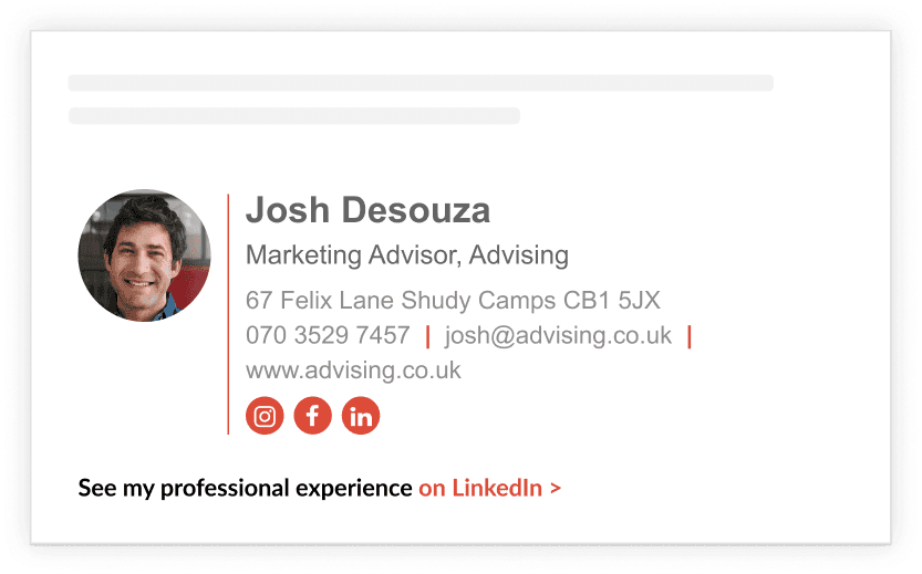 Example of a simple professional email signature for a freelancer with clickable contact info and social links