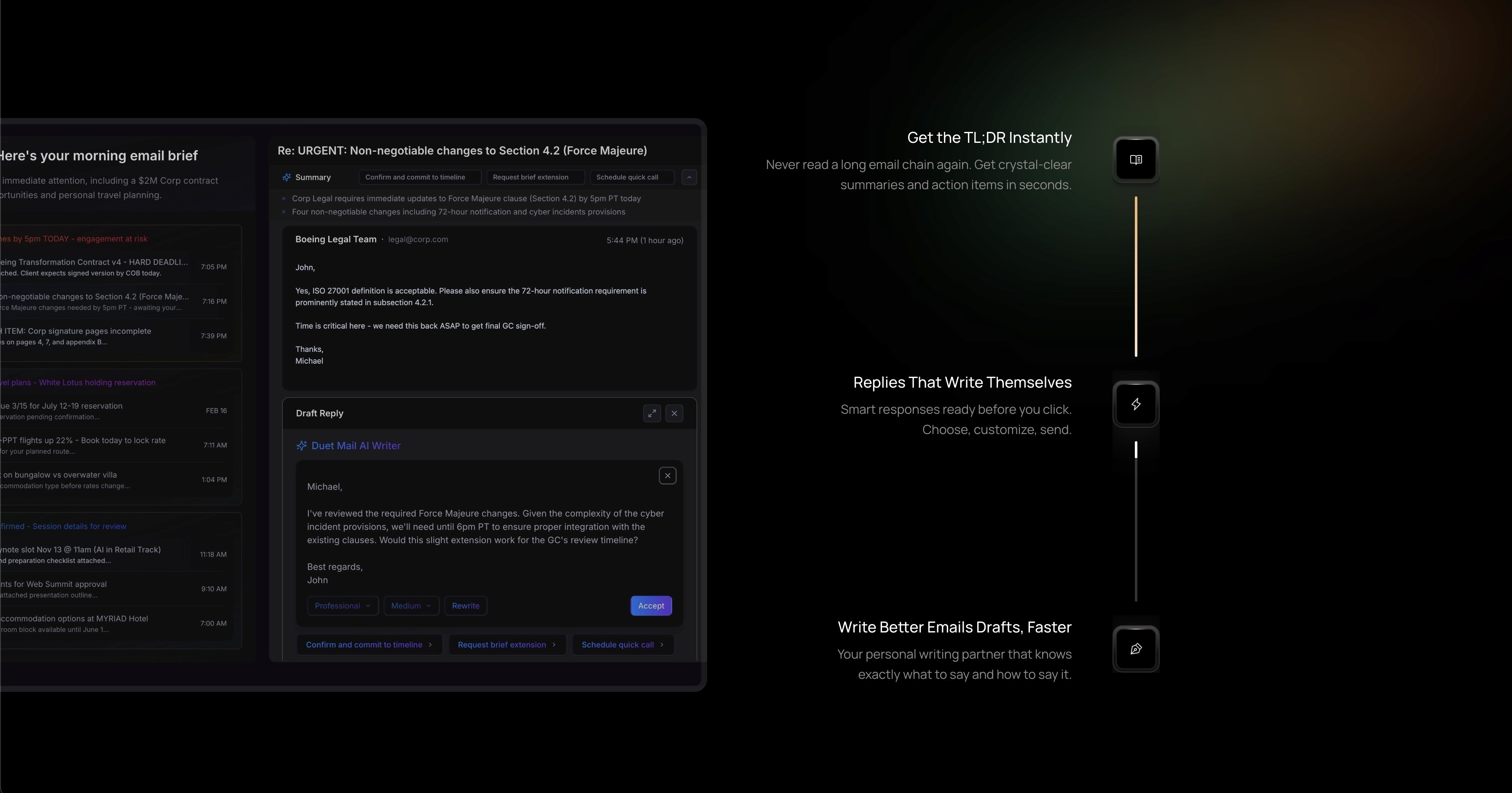 Infographic showing icons representing AI email assistant features like smart drafting, email summarization, and intelligent triage/prioritization